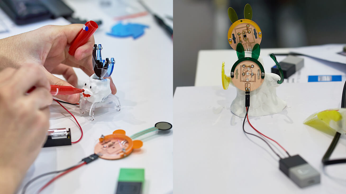 Left: Accessories available to make creations more exciting were included in designs. Right: One design turned on an LED when pointing at the sensor.