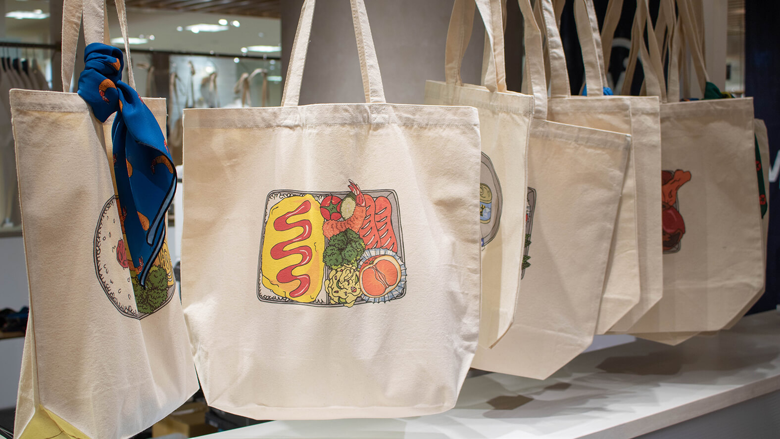 One-of-a-kind tote bags with unique bento lunchbox designs