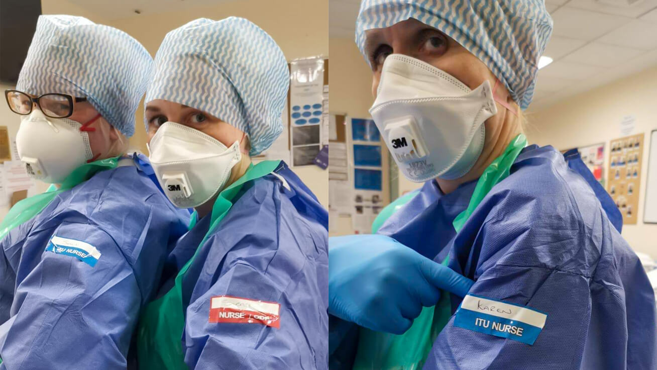 Hospital staff wearing PPE with label name badges