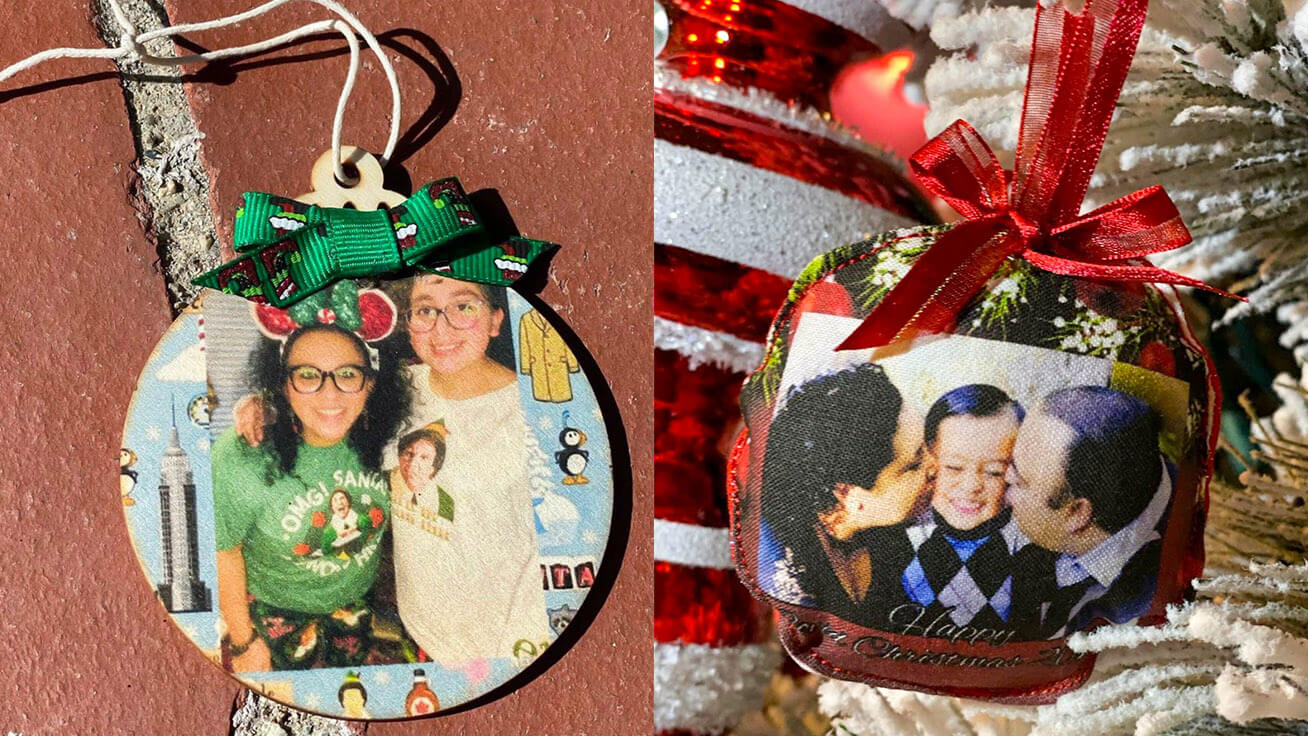 Wooden ornament printed with a photo of Angela and her daughter (left) and a printed fabric ornament (right)