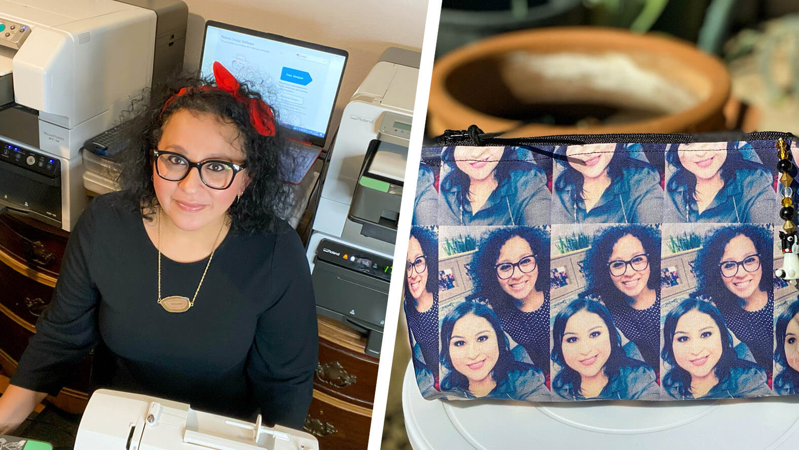 Roland DGA staff Angela Bernal with her BT-12 direct-to-garment printers