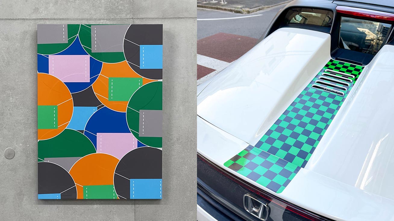 Printed panels made with overlapping stickers (left) and decorative sheets applied to the hood of a sports car (right)