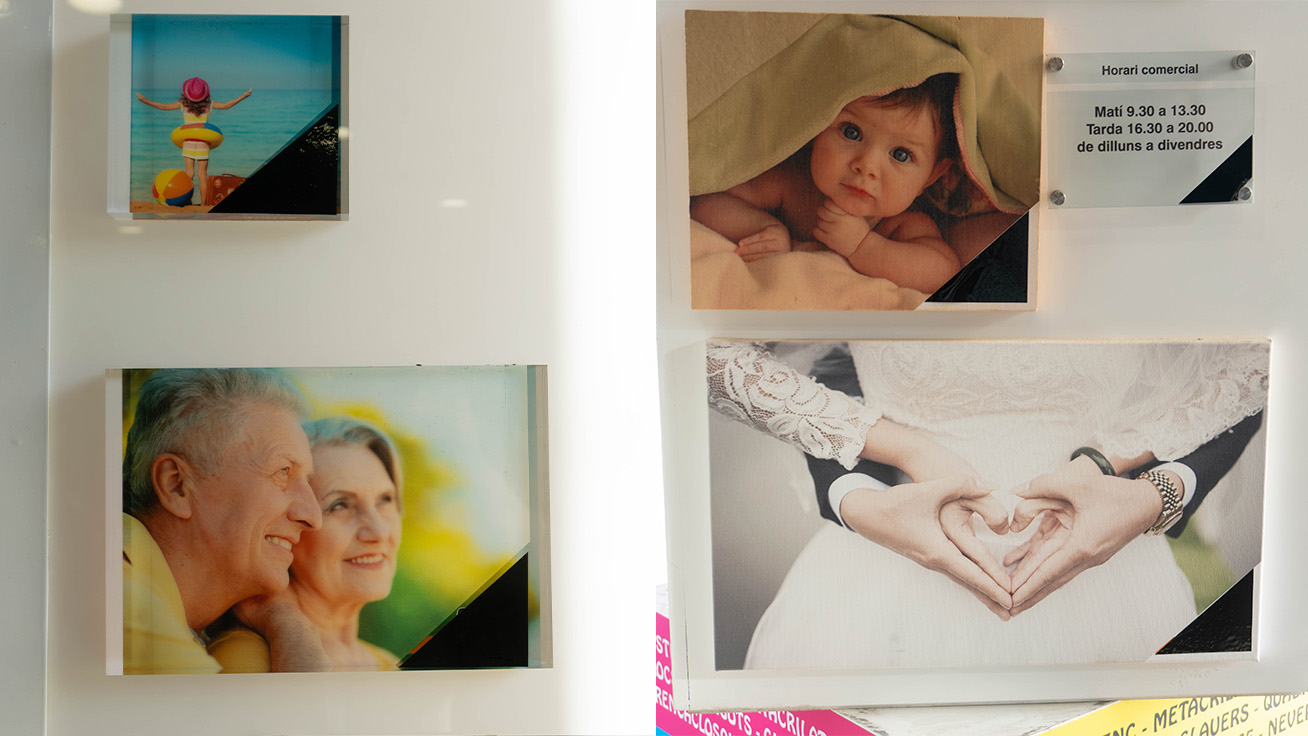 Photo printing on acrylic (left), wood (upper right), canvas (lower right).