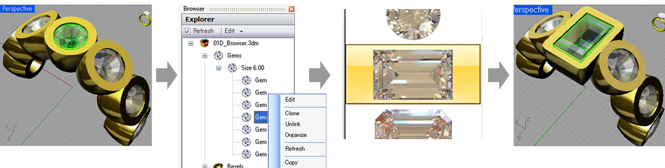 Selecting a gemstone to change. Selecting the new gem. Automatically reshapes the bezel to fit the new gem.