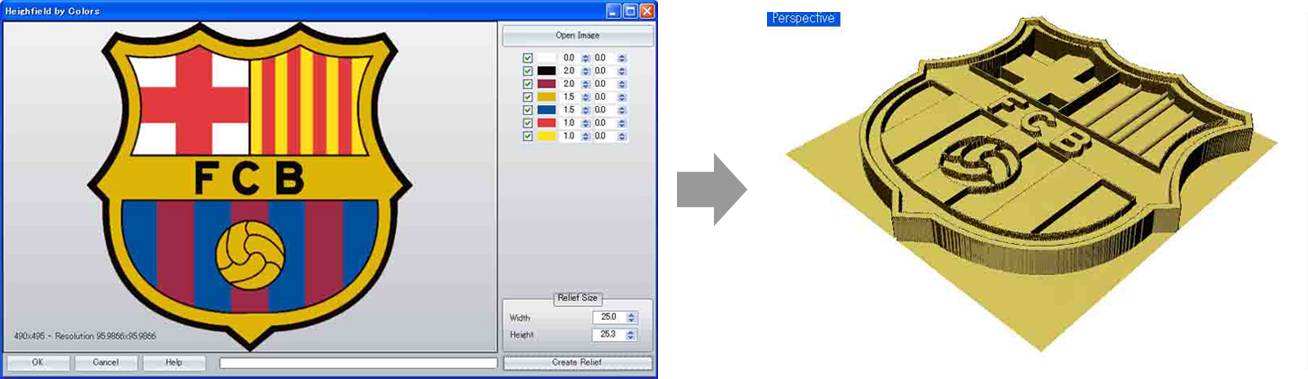 Defines the height based on each color. Creates a 3D relief.