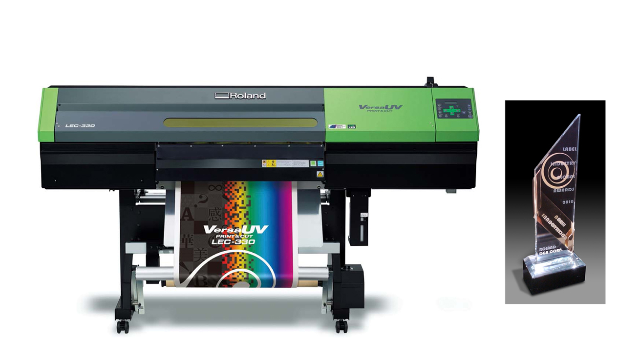 VersaUV wide-format UV-LED inkjet printer/cutter and the trophy of 2010 Label Industry Global Award for New Innovation