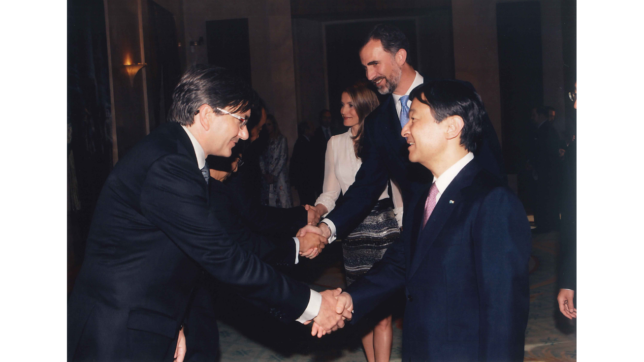 Crown Prince Naruhito of Japan, alongside Prince Felipe and Princess Letizia of Spain,  greeted by Jorge Calvo, President & CEO of Roland DG EMEA, S.L.,  at a private official reception held during the Gala Concert.