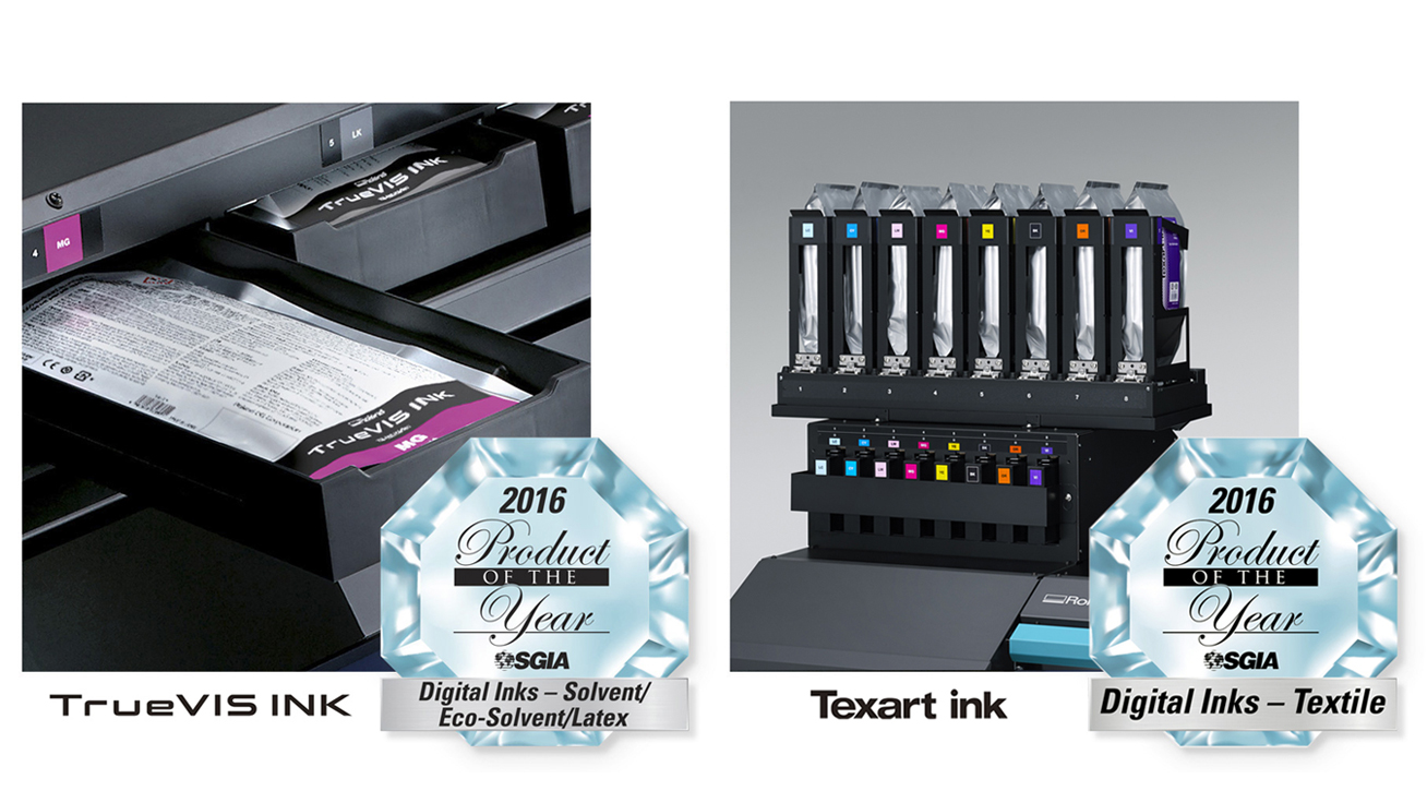 SGIAプロダクト・オブ・ザ・イヤーを受賞した「TrueVIS INK（トゥルービズ・インク）」（左）、「Texart ink（テックスアート・インク）」（右）